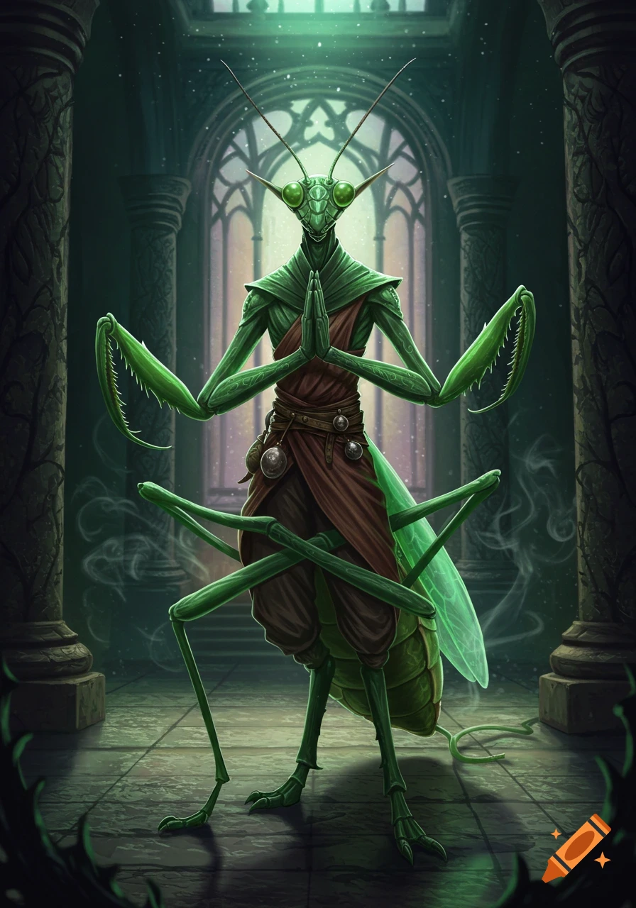 A detailed digital painting of a green praying mantis creature with humanoid features, dressed as a monk, standing in a temple.