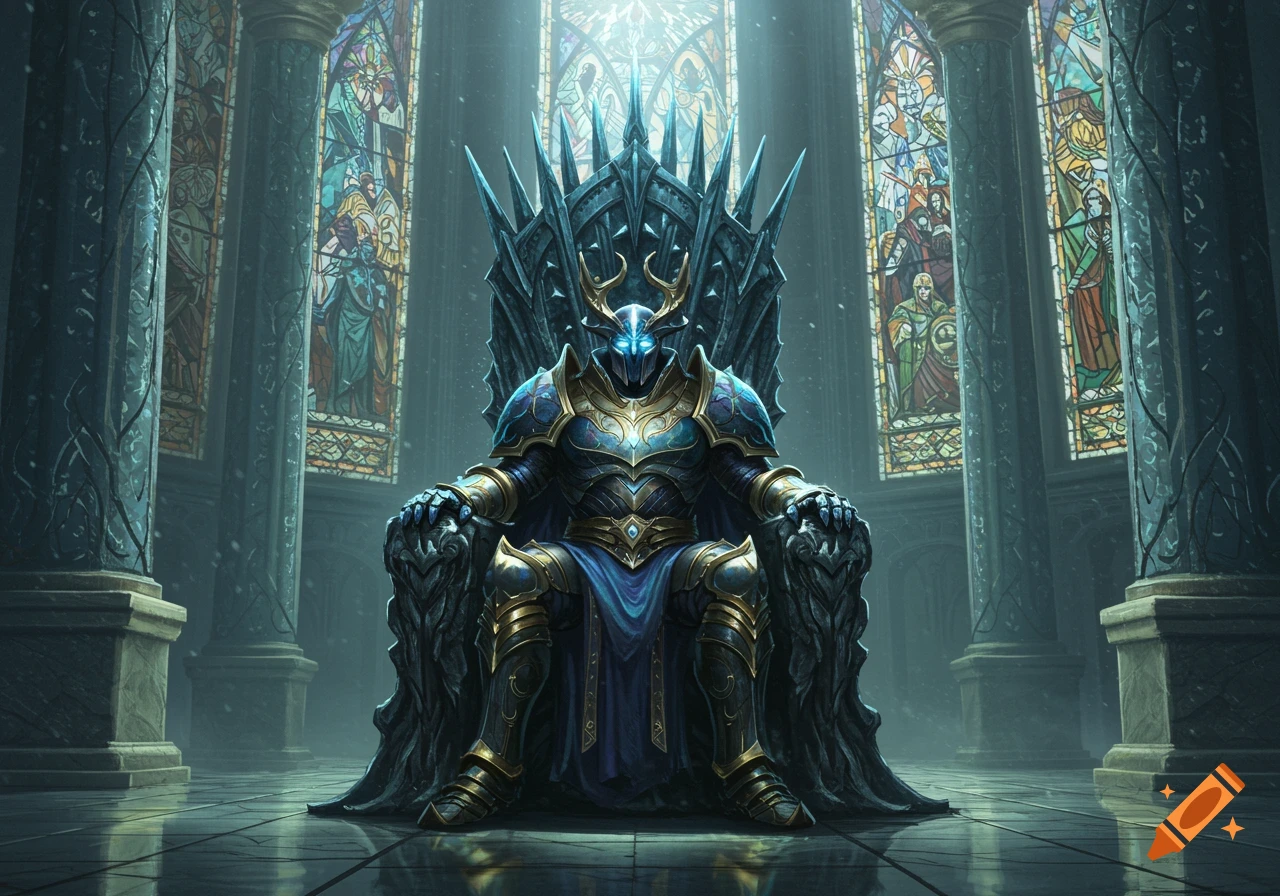 A heavily armored knight with glowing blue eyes sits on a dark, spiky throne in a grand, dim hall with large, colorful stained-glass windows.