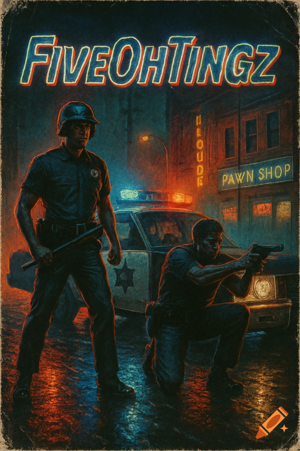 A gritty, vintage-style movie poster features two police officers at night, one standing with a baton and another kneeling aiming a revolver, beside a patrol car with flashing lights on a wet street. Neon signs for a liquor store and pawn shop are in the background, with the text 'FIVEOHTINGZ' at the top.