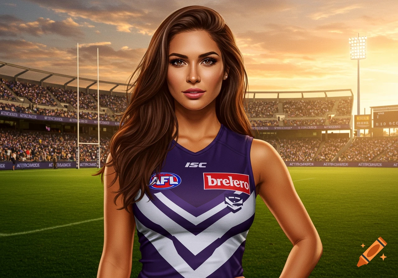 A photorealistic image of a woman with long brown hair wearing a purple and white AFL Freo Dockers jersey, standing on a football field in front of a stadium at sunset.