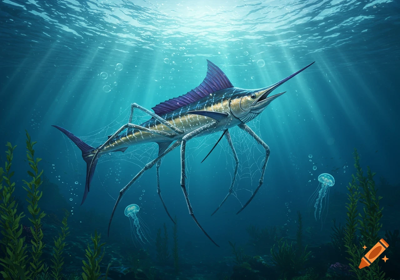 A marlin-like creature with long spider legs and web swimming underwater with jellyfish.