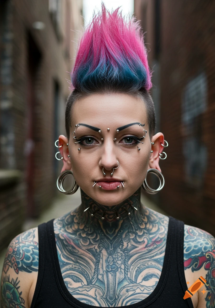 Close-up portrait of a woman with pink and blue fauxhawk, extensive facial and ear piercings, large stretched earlobes, and detailed neck and chest tattoos.