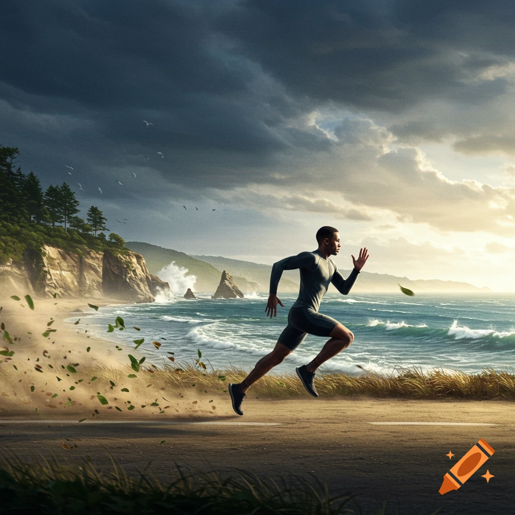 A man runs along a coastal road under a stormy sky with waves crashing on the beach beside him, leaves blowing in the wind.