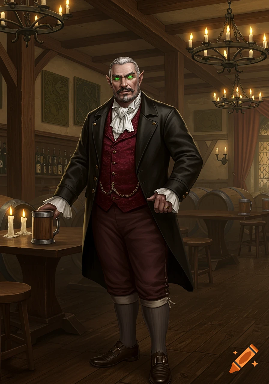 A detailed illustration of a fantasy nobleman with green eyes and pointed ears, in a Victorian-style tailcoat and waistcoat, holding a tankard in a medieval tavern.