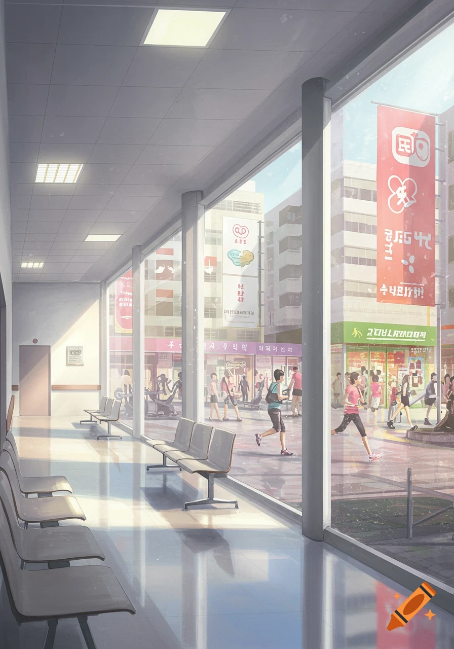 An anime-style illustration of an empty hospital hallway looking out through large windows onto a busy city street with people exercising and walking.