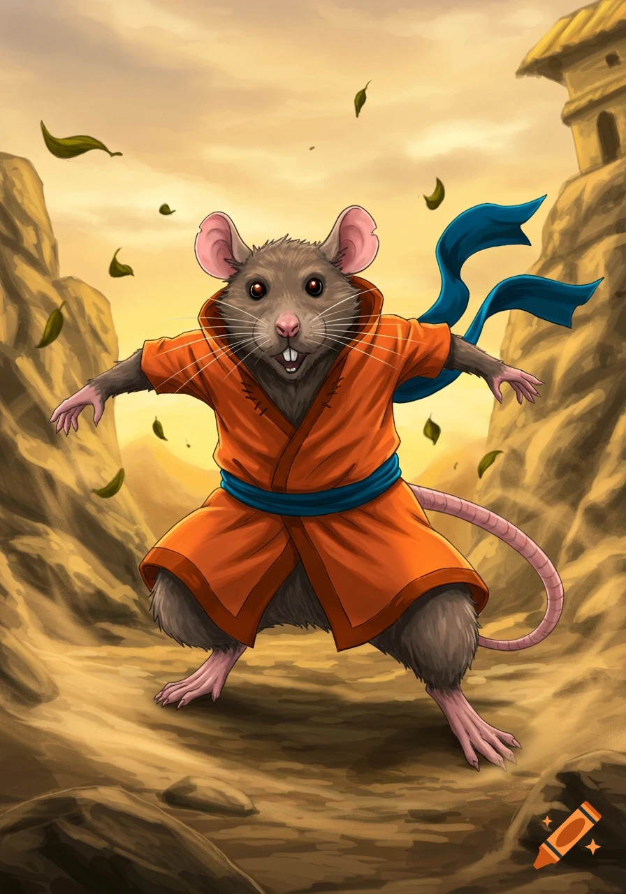 A cartoon rat in an orange martial arts robe and blue scarf stands dynamically in a desert landscape with floating leaves.