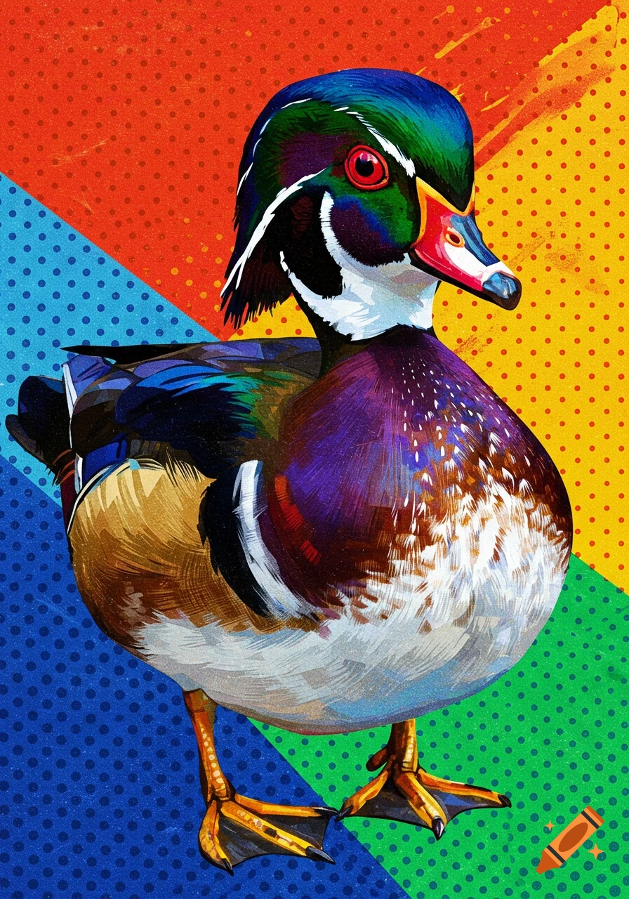 A vibrant pop art poster of a wood duck with colorful plumage against a multi-colored background with halftone dots.