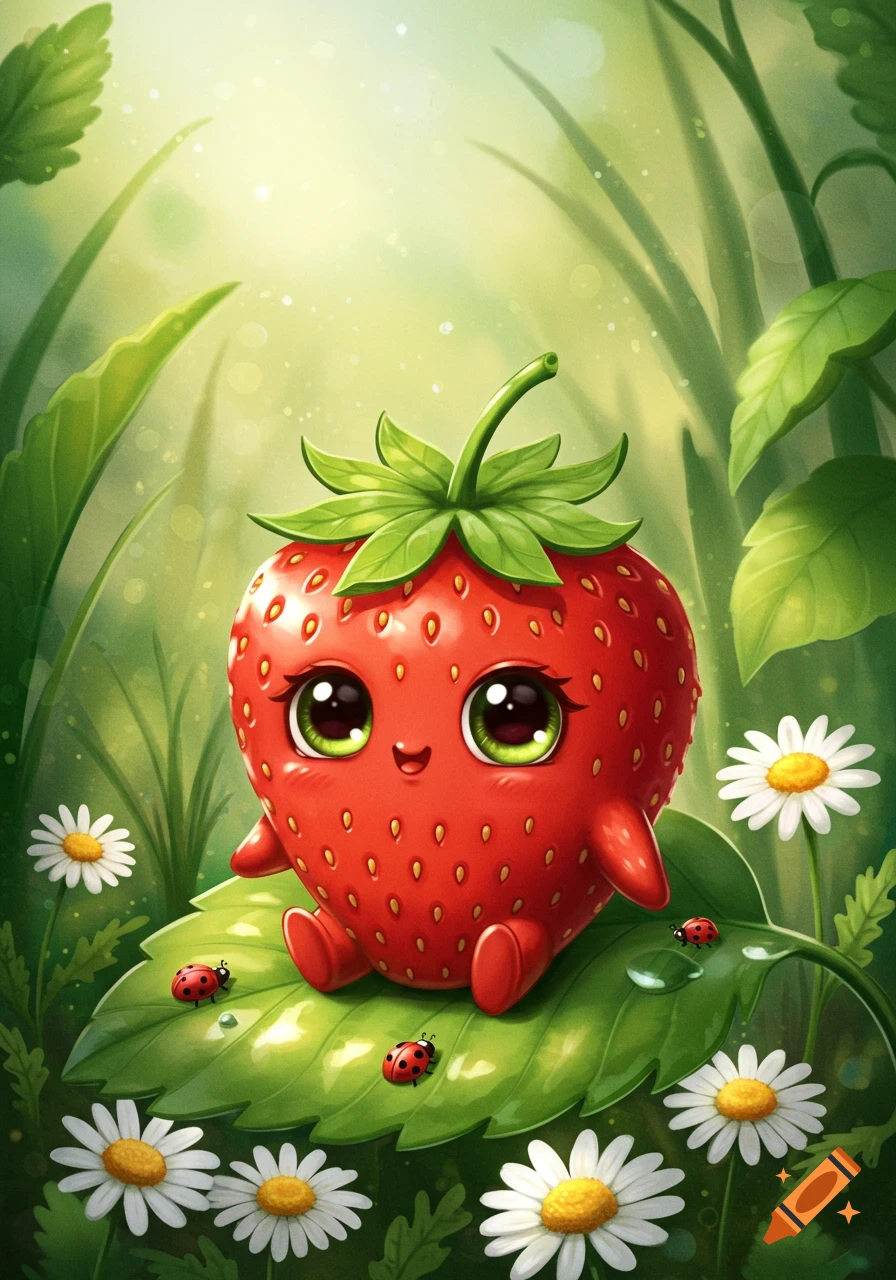 A cute anthropomorphic strawberry with big green eyes sits on a leaf surrounded by daisies and ladybugs in a whimsical garden.
