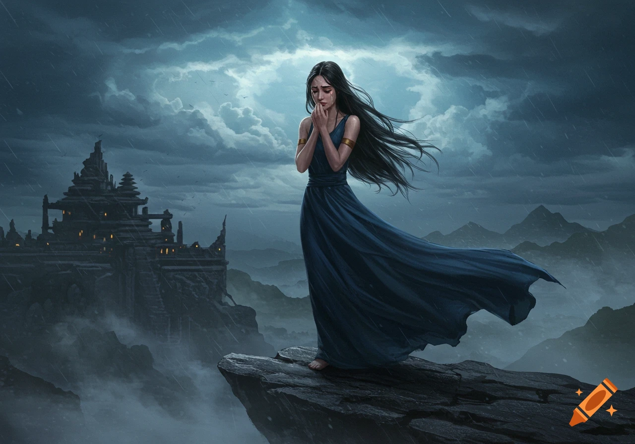 A weeping woman in a blue dress stands on a cliff under a stormy, rainy sky, with a dark castle in the distance.