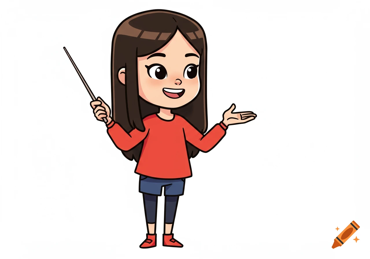 A cartoon girl with brown hair in a red shirt and blue shorts holds a pointer stick and gestures, standing against a white background.