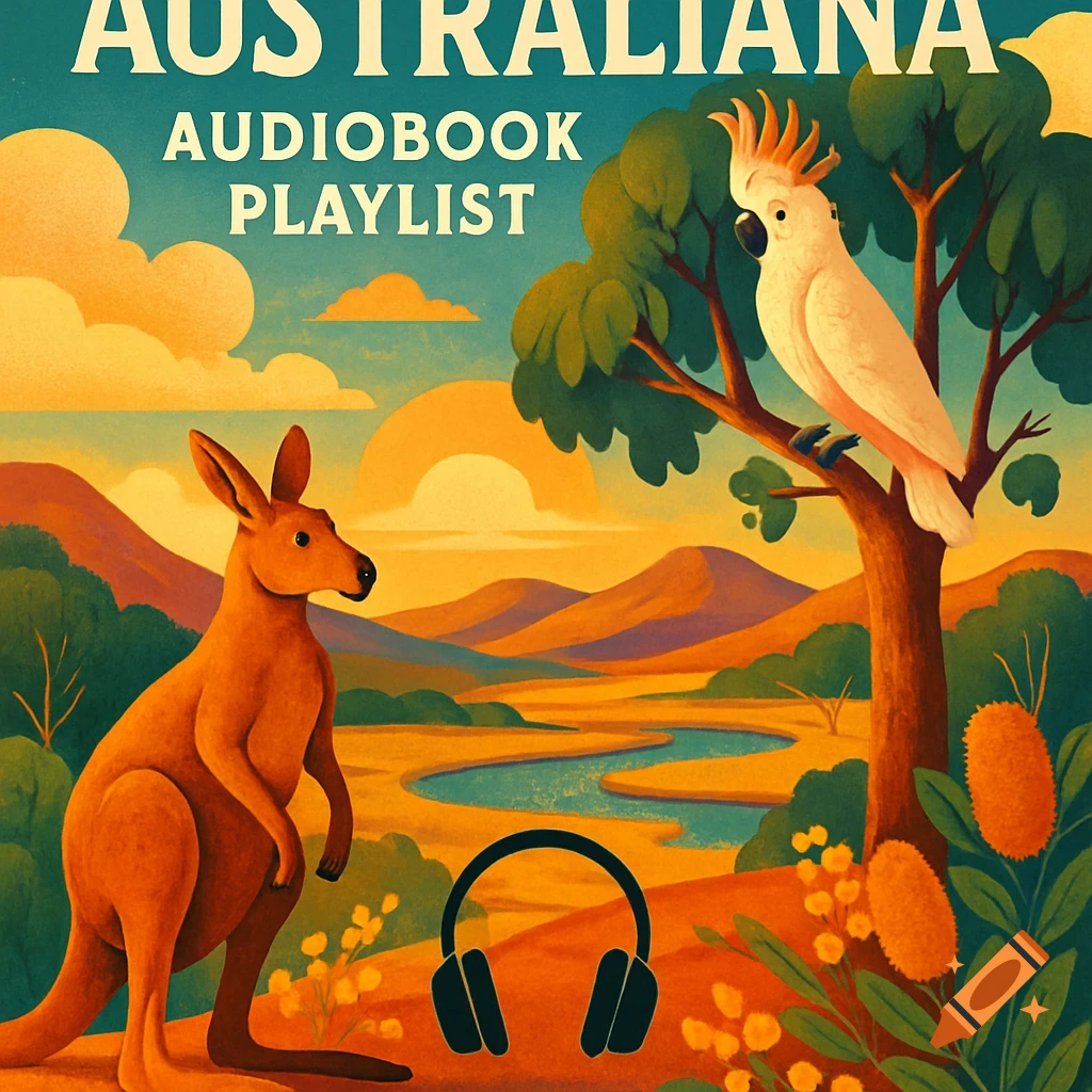 A stylized illustration of a kangaroo, a cockatoo on a tree, and headphones in an Australian landscape with text "AUSTRALIANA AUDIOBOOK PLAYLIST."