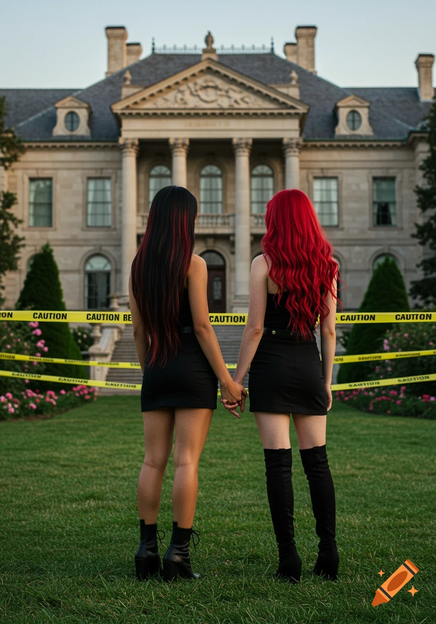 Two women with long red and black hair, wearing black dresses, hold hands and look at a grand mansion with caution tape on the lawn.