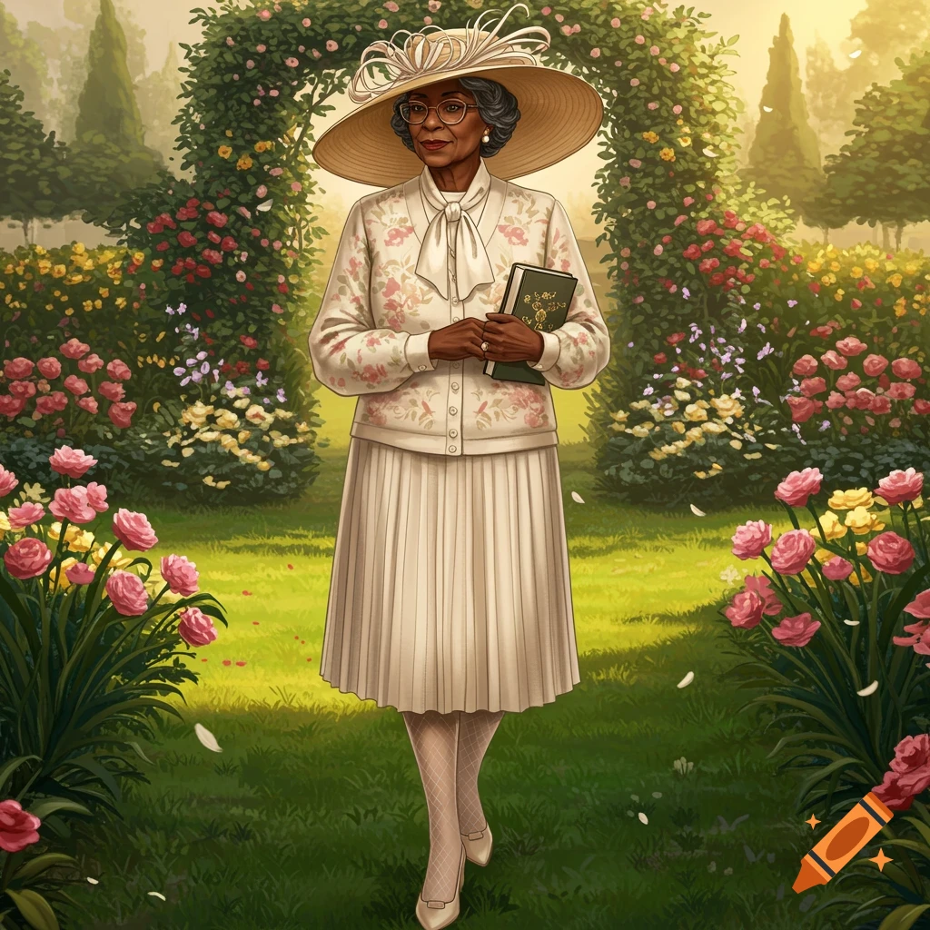 An older African American woman in a large hat and floral sweater holds a book in a lush garden, illustration style.