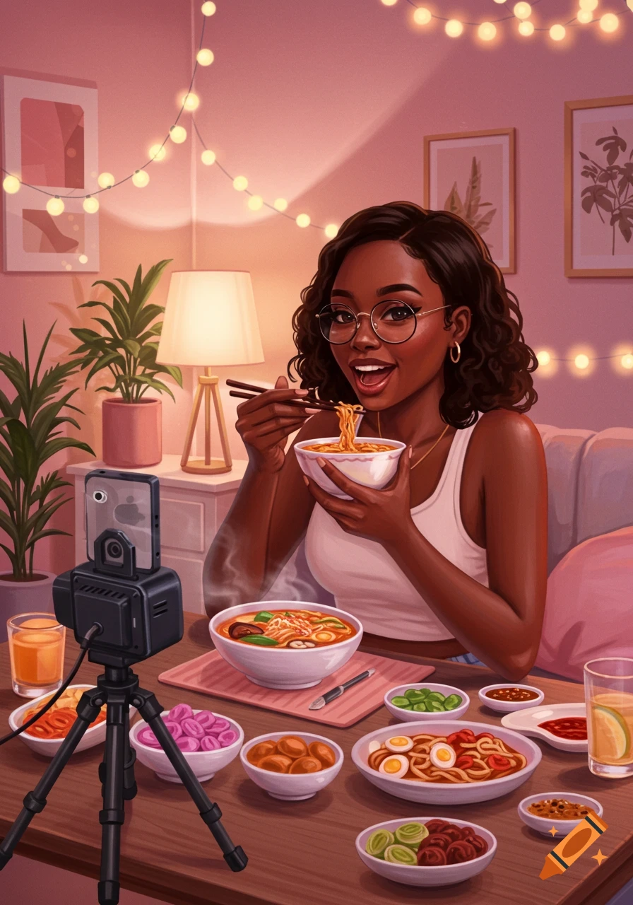 An illustrated Black woman influencer with glasses happily eats ramen noodles while filming a mukbang at home, surrounded by various dishes and string lights.