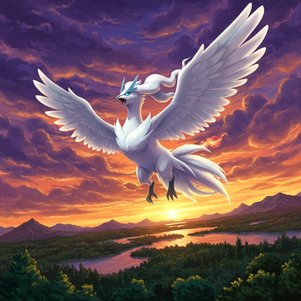 The white legendary Pok rabbit, the majestic Reshiram, soars through a vibrant sunset sky over a landscape of forests, mountains, and rivers.