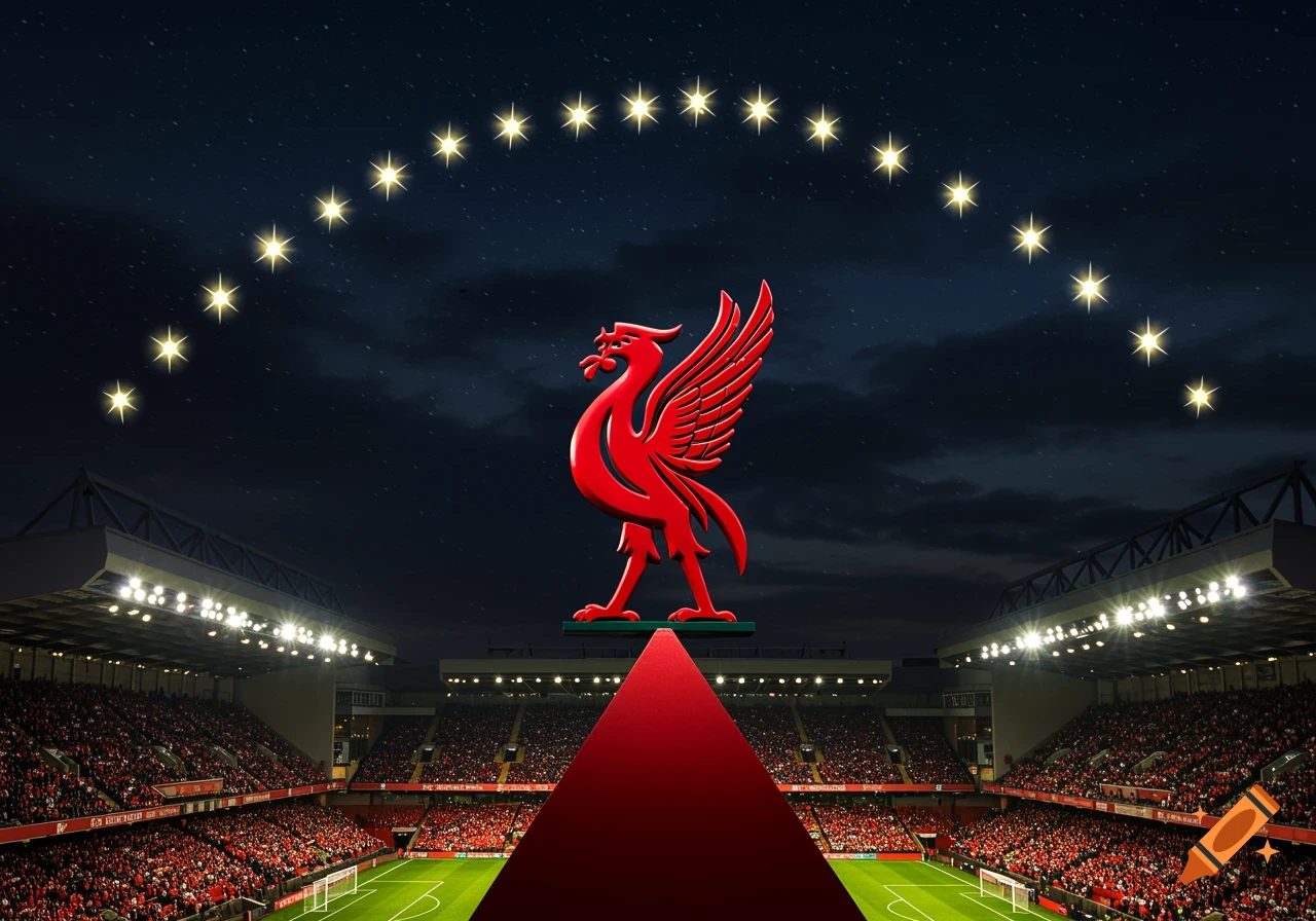 A large red Liverpool FC Liver Bird symbol stands on a red pyramid in a football stadium at night, with an arc of shining stars across the dark sky.