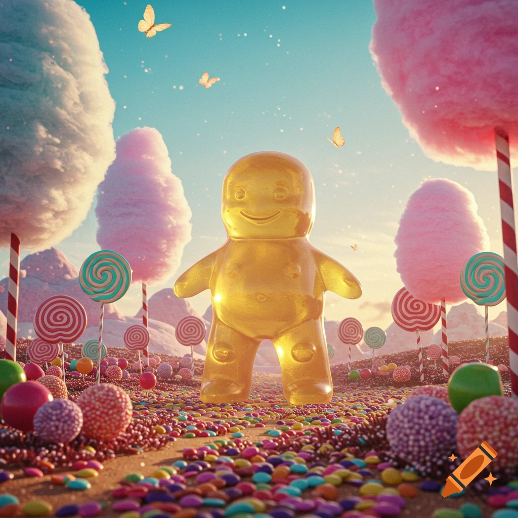 A golden jelly baby stands in a vibrant candy land with lollipops, cotton candy trees, and colorful candies under a blue sky.