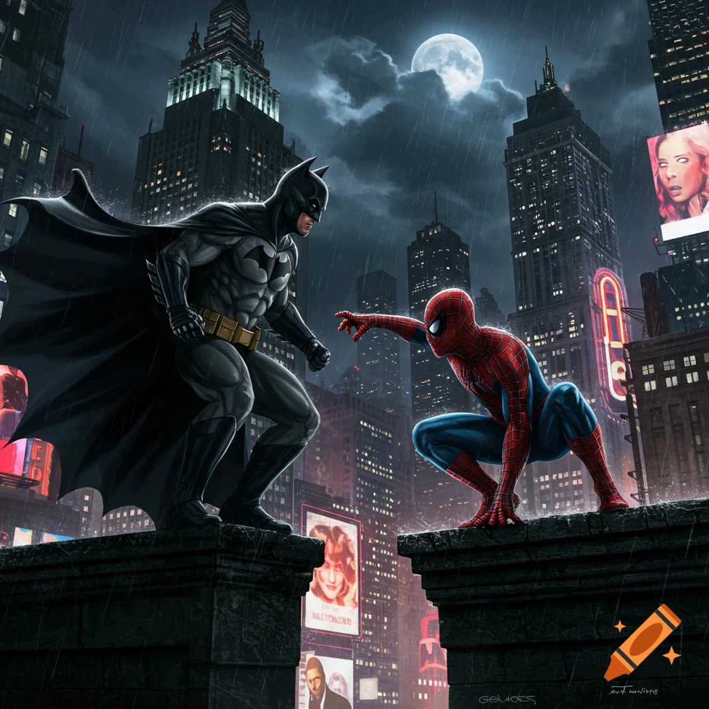 Batman and Spider-Man confront each other on a rainy rooftop in a dark, stylized city at night with a full moon.