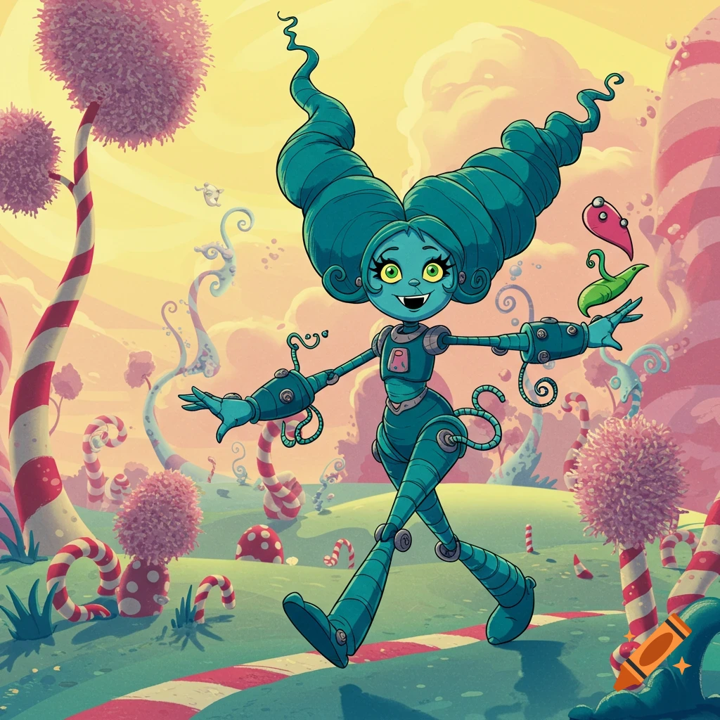 A whimsical Dr. Seuss style illustration of a blue robot-like creature with large curly hair, walking through a vibrant candy land with lollipop trees and striped mushrooms under a yellow sky.