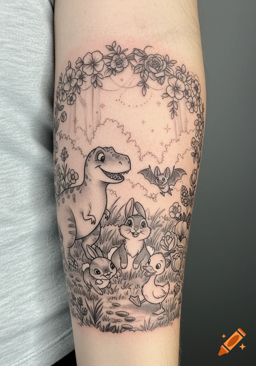 Black and white cartoon tattoo of a friendly T-Rex, bunnies, duck, and bat in a whimsical floral garden.