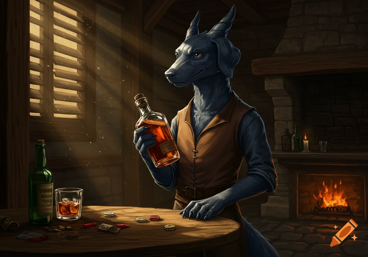 A blue dog-like kobold holds a whiskey bottle in a dimly lit tavern, with a glass of whiskey on the table.