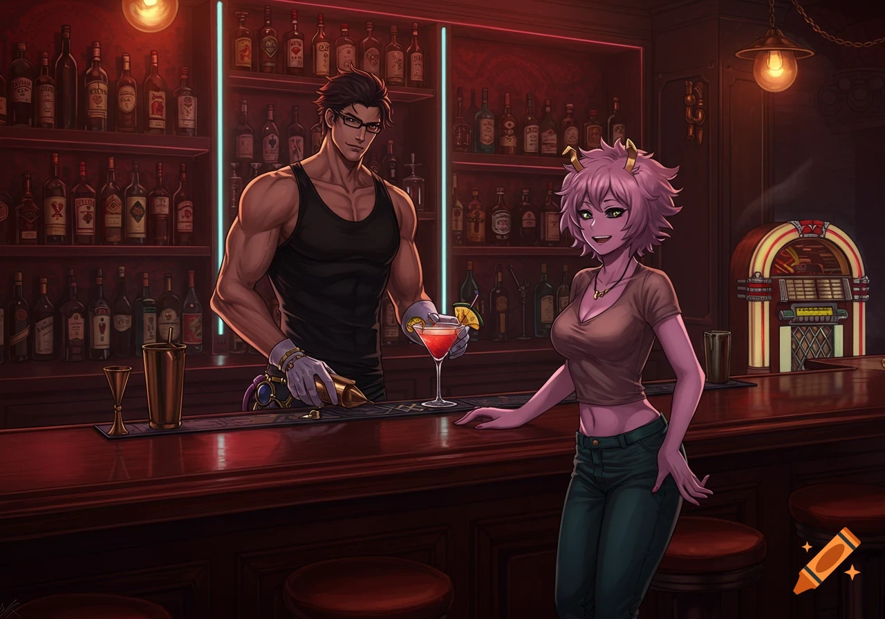 An anime-style scene inside a dark, moody bar where a muscular bartender serves a pink-skinned woman a cocktail. Bottles line shelves behind them, and a jukebox is in the background.