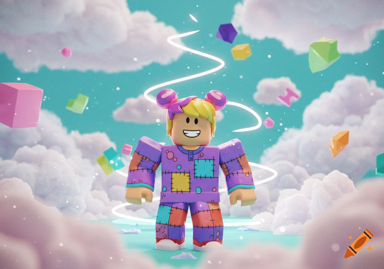 A happy Roblox character named Dandy in purple patchwork pajamas floats among colorful clouds and shapes in a whimsical 3D world.