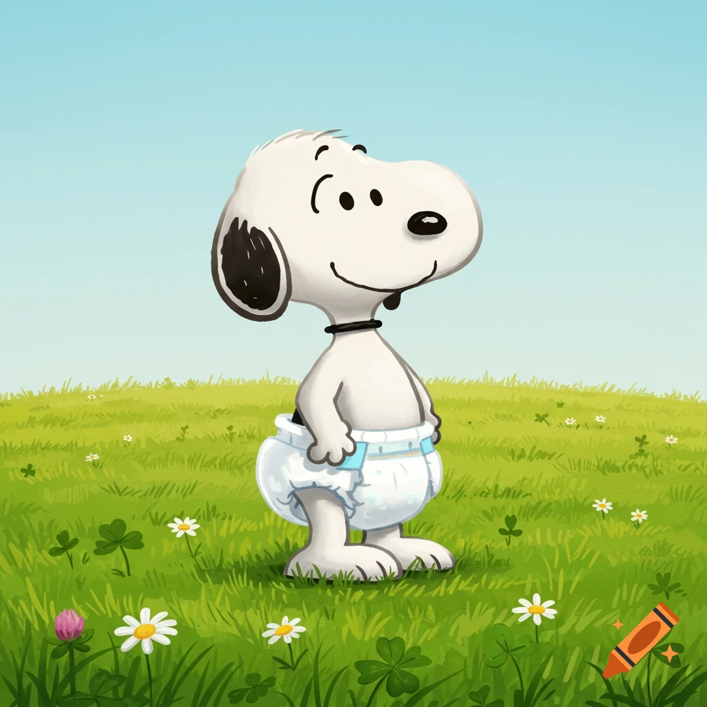 A cheerful cartoon Snoopy, wearing a large white diaper, stands in a vibrant green field under a clear blue sky.
