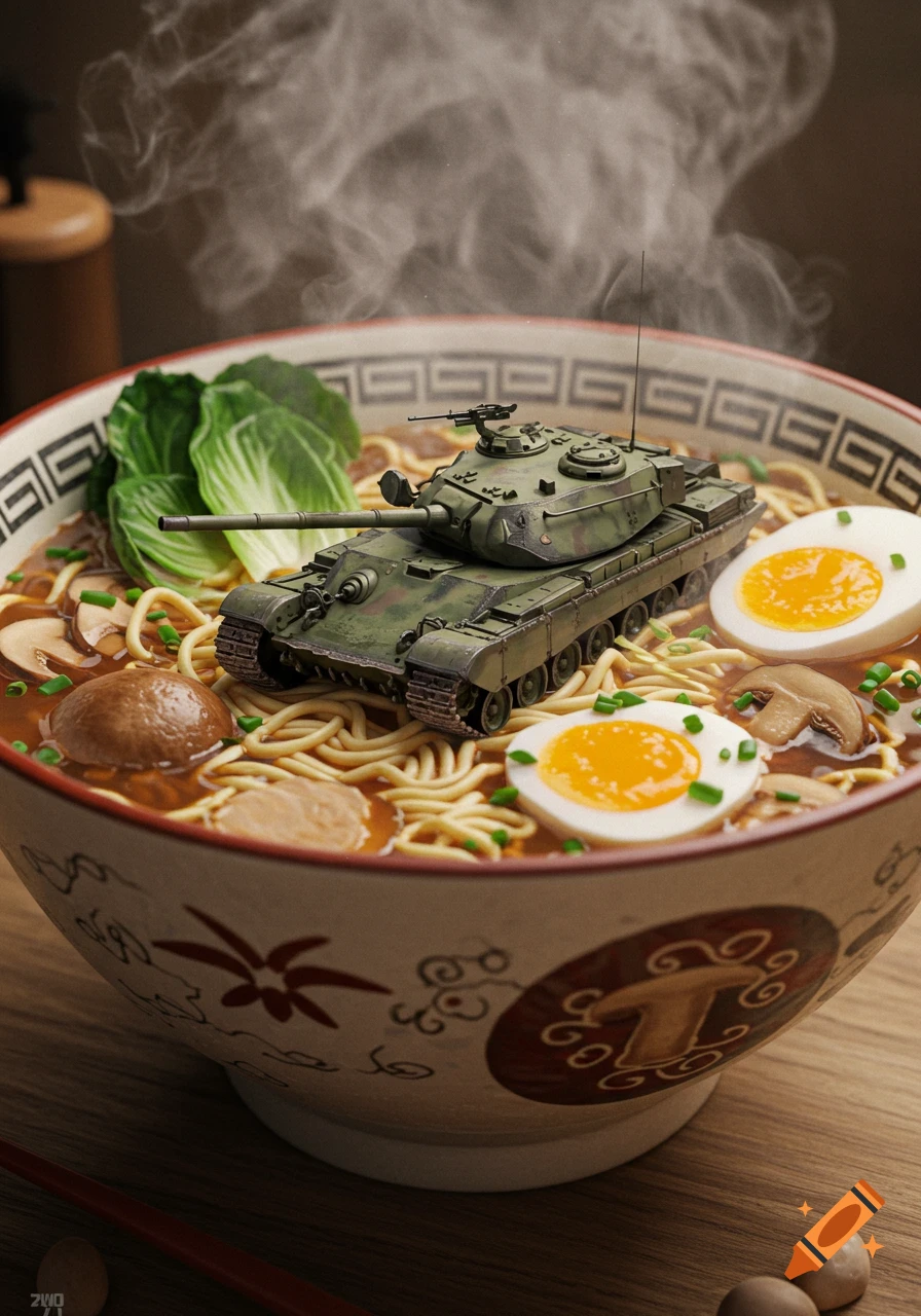 A detailed model tank sits in a steaming bowl of ramen noodles with sliced eggs, mushrooms, and green vegetables, viewed from a close-up angle.