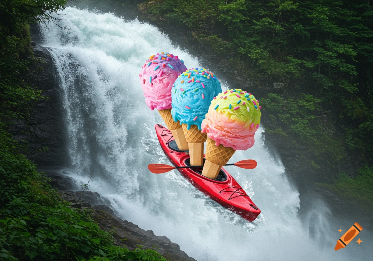 Three large, colorful ice cream cones with sprinkles in a red kayak float over a majestic waterfall in a lush forest.