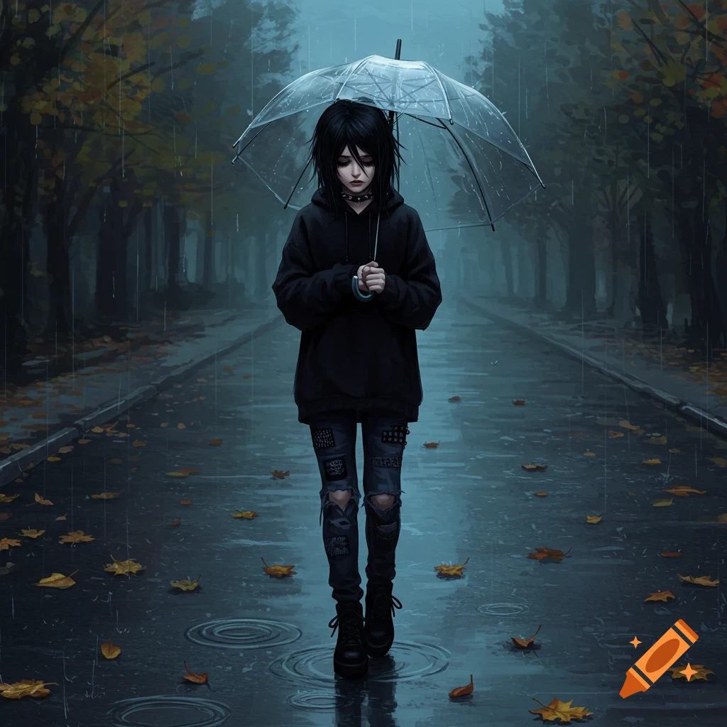 A sad-looking person with black hair walks alone under a clear umbrella on a wet, autumn road in the rain.