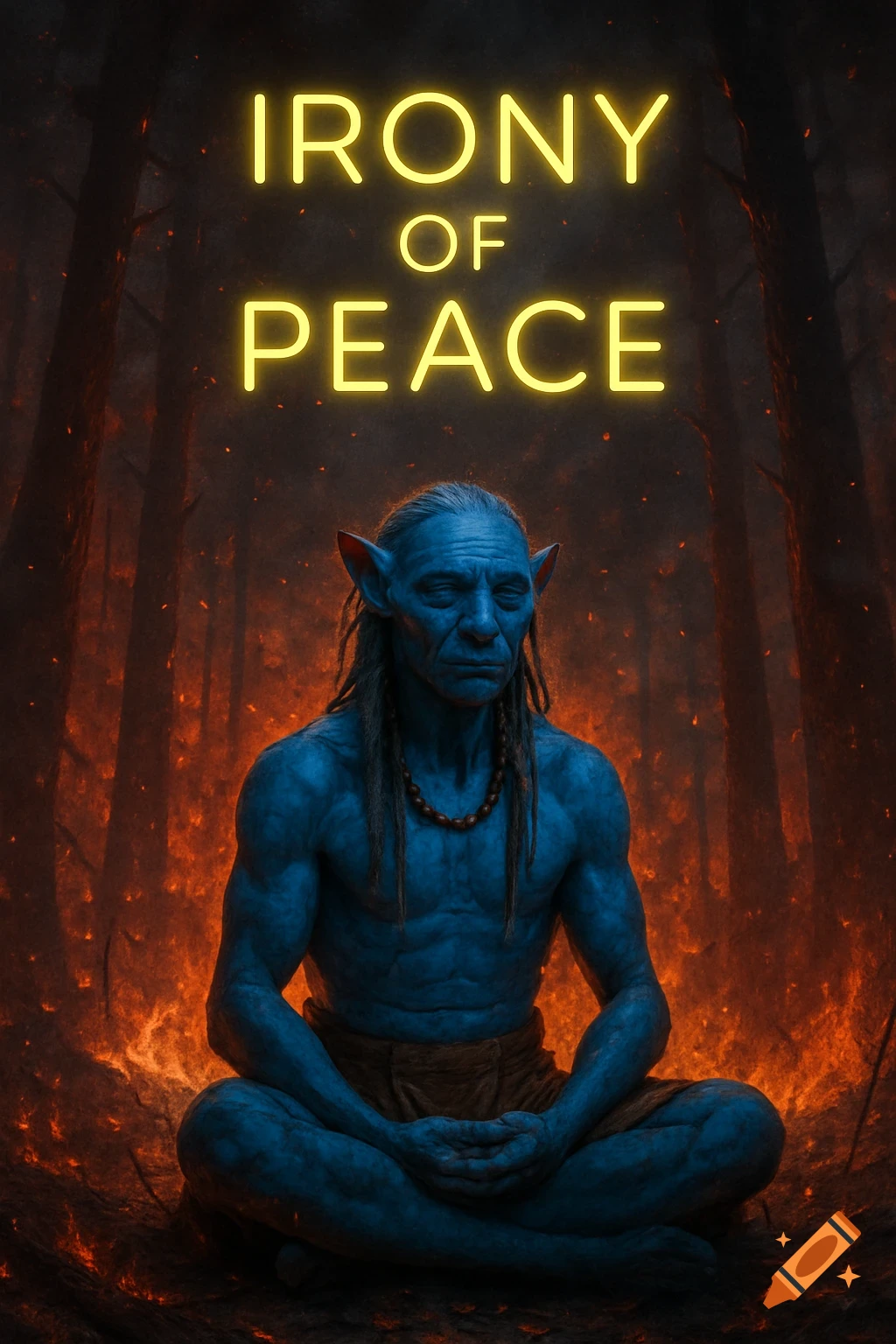A blue-skinned Na'vi-like elder meditates cross-legged in the foreground, with a fiery orange burning forest in the background. Glowing neon yellow text above reads "IRONY OF PEACE."