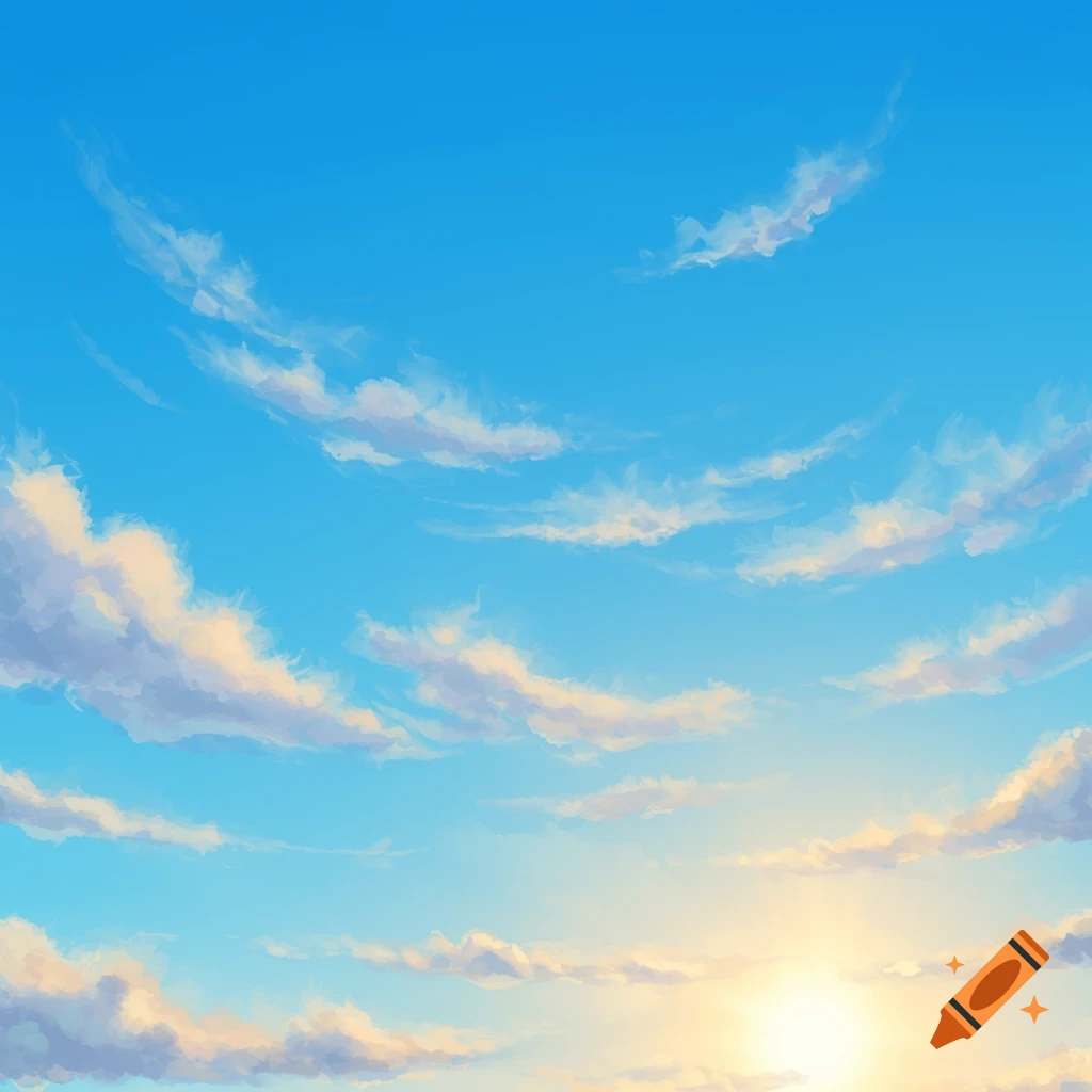 Bright blue sky with scattered white clouds and a glowing sun near the horizon, in a painterly style.