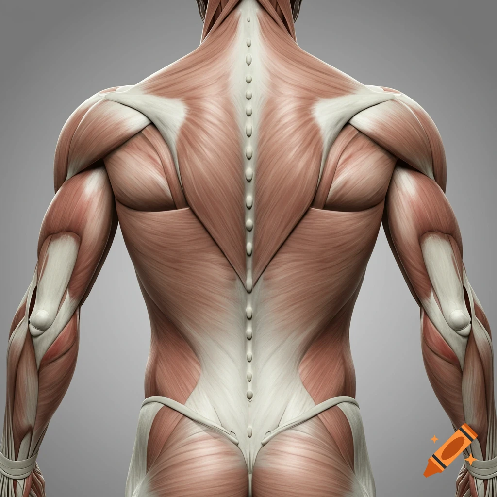 Detailed 3D rendering of the human back muscles, showing the spine and shoulder blades.