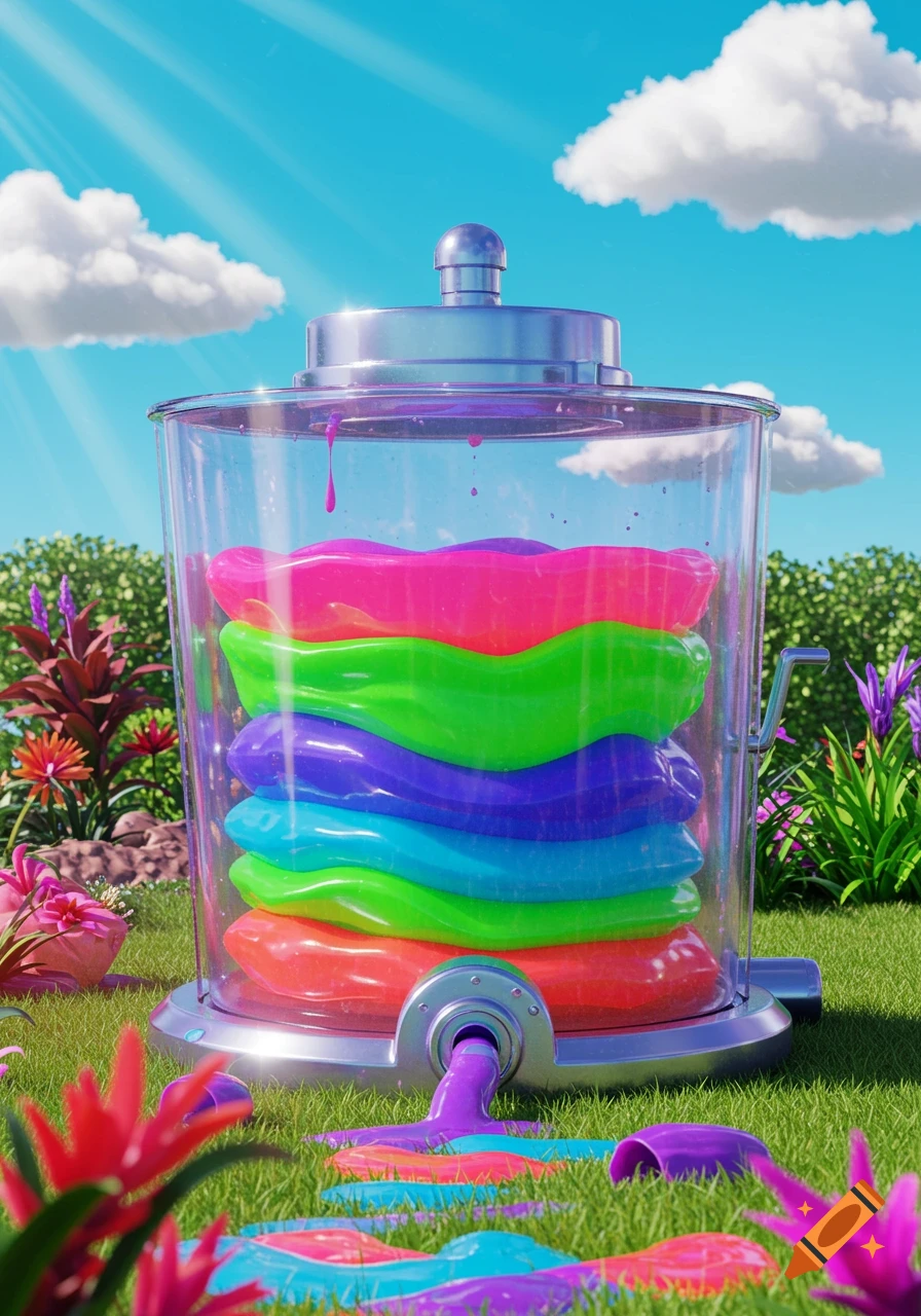 A colorful, transparent machine filled with rainbow liquid dispenses purple goo onto a vibrant green lawn under a sunny blue sky.