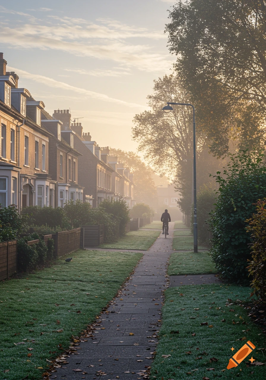 A lone cyclist rides down a foggy suburban path lined with houses and trees during sunrise.