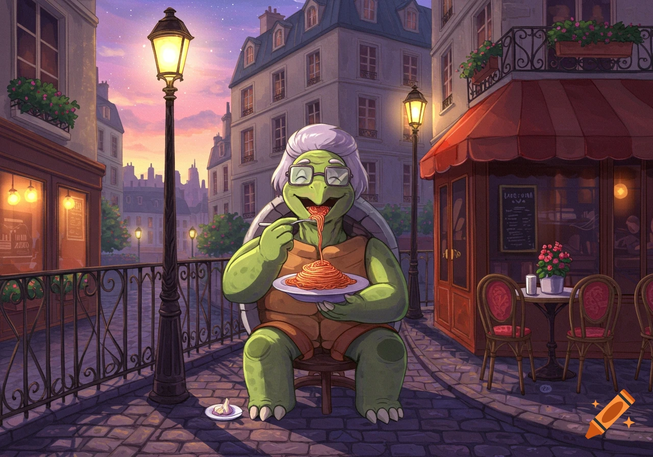A cartoon turtle with gray hair and glasses happily eats a large plate of spaghetti on a cobblestone street in Paris at sunset.