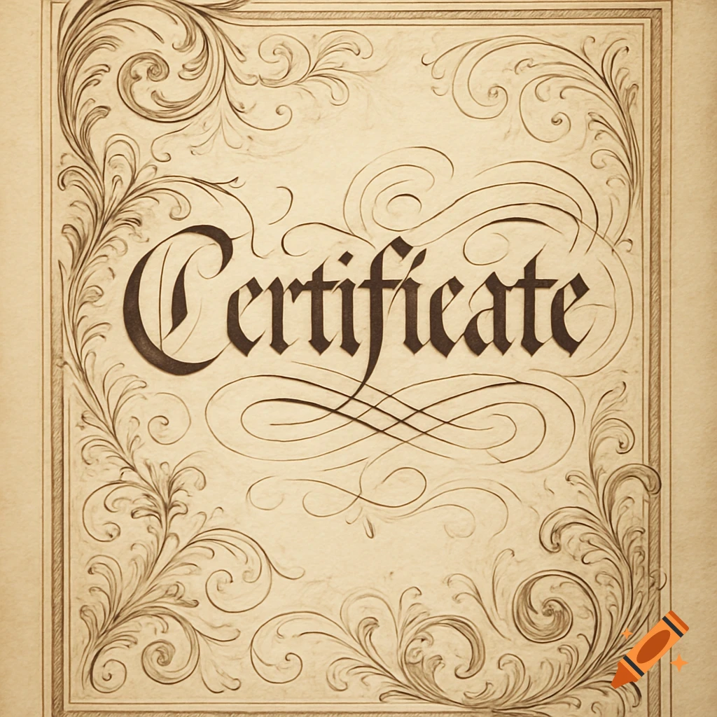 A vintage-style certificate with ornate calligraphy spelling 'Certificate' on aged paper.