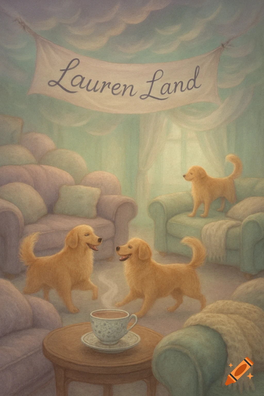 Three golden retrievers in a cozy, pastel-colored room with plush furniture and a steaming tea cup. A banner reads 'Lauren Land' above.