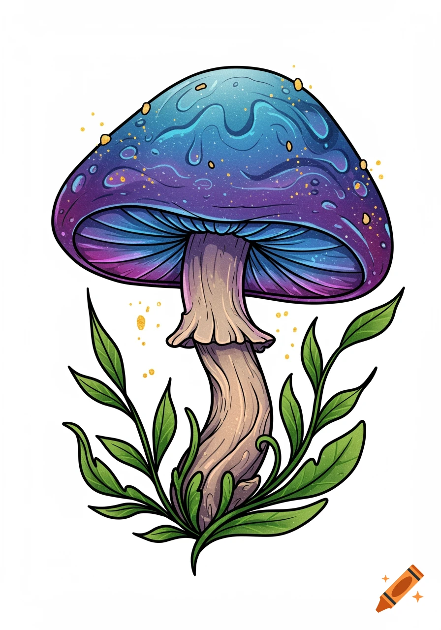A colorful stylized mushroom illustration with a blue and purple cap, brown stem, and green leaves.