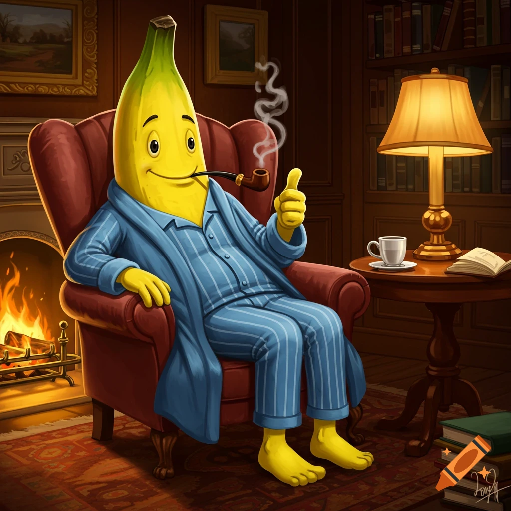 A cartoon banana character in blue striped pajamas and robe sits in a red armchair by a fireplace, smoking a pipe and giving a thumbs up.