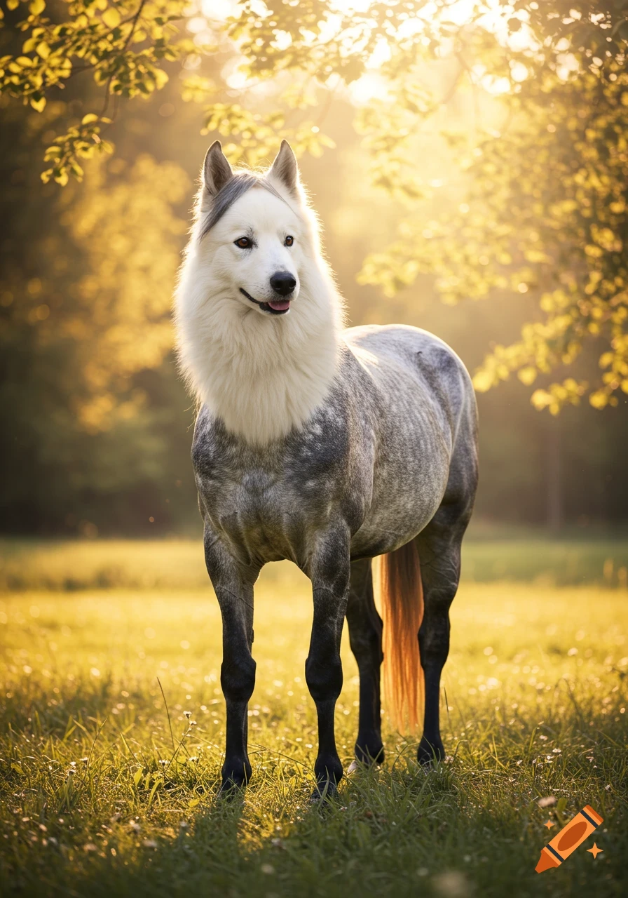A photorealistic image of a horse with a white American Spitz dog's head, standing in a sunny, grassy field.