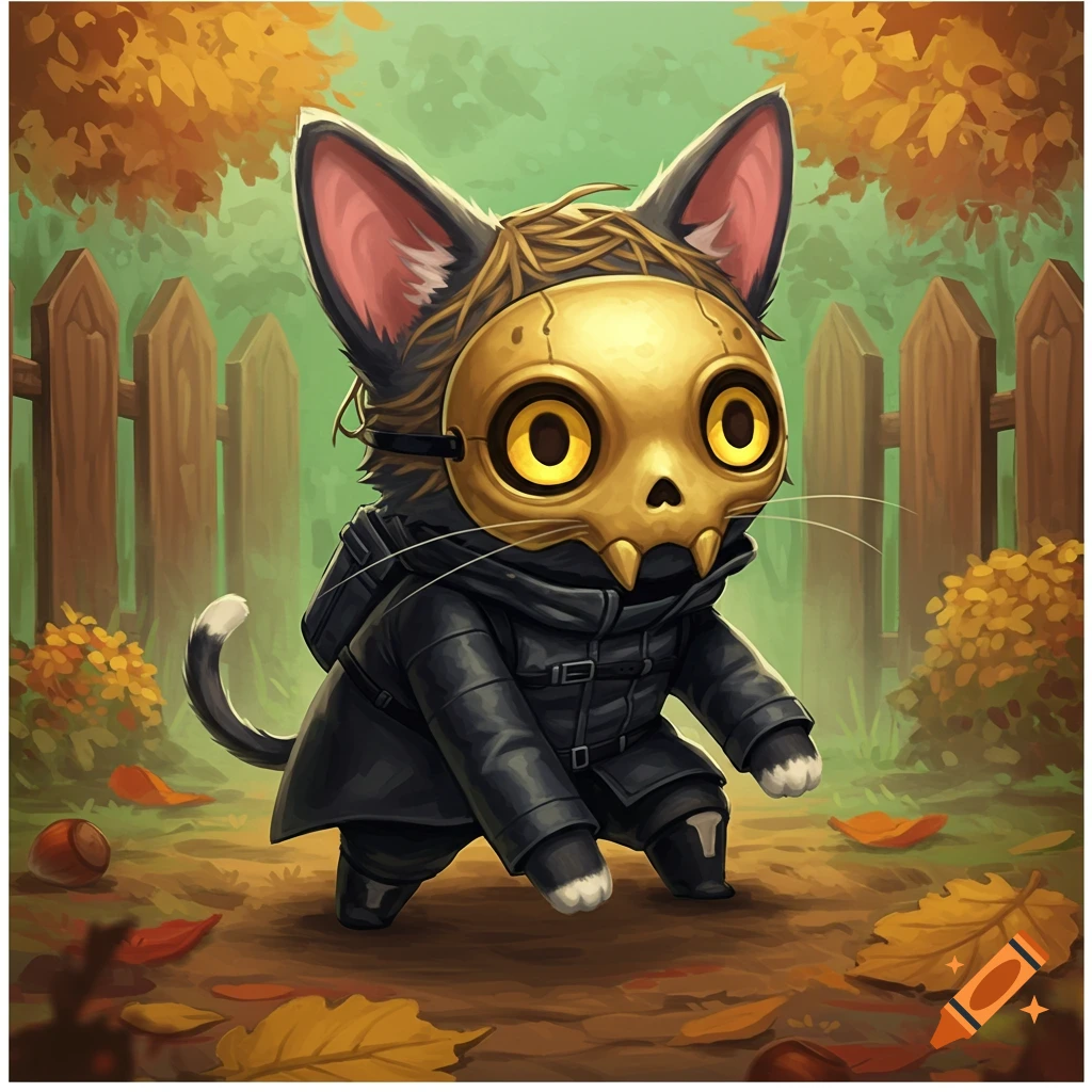 A cute cat-like creature in a black coat and a gold skull mask with large yellow eyes stands in an autumn setting.