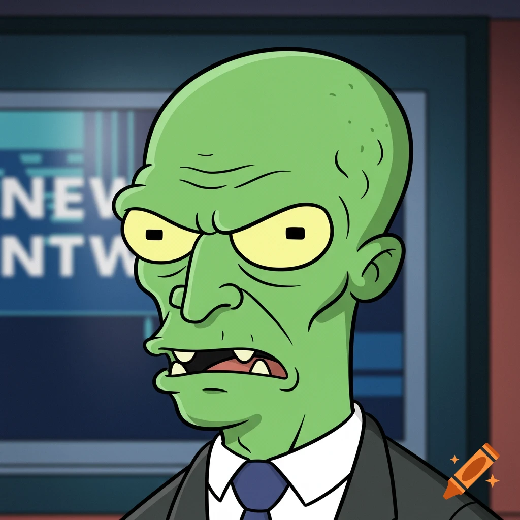 A close-up cartoon of Morbo, a green alien with a prominent forehead and large yellow eyes, wearing a suit and tie, against a blurry news screen background.