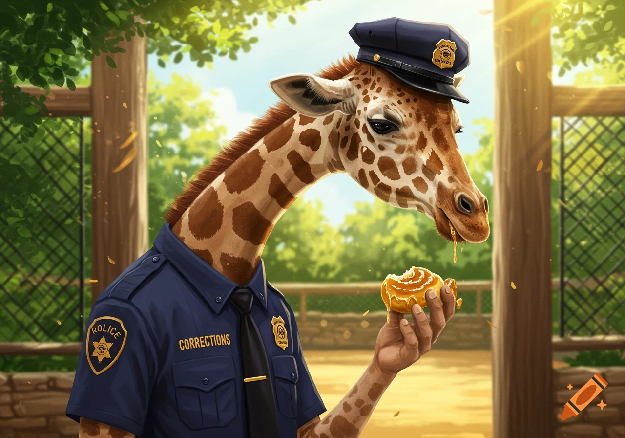 A stylized giraffe wearing a police uniform and hat holds and eats a honey bun, with honey dripping from its mouth. The background is a sunny outdoor park or zoo.