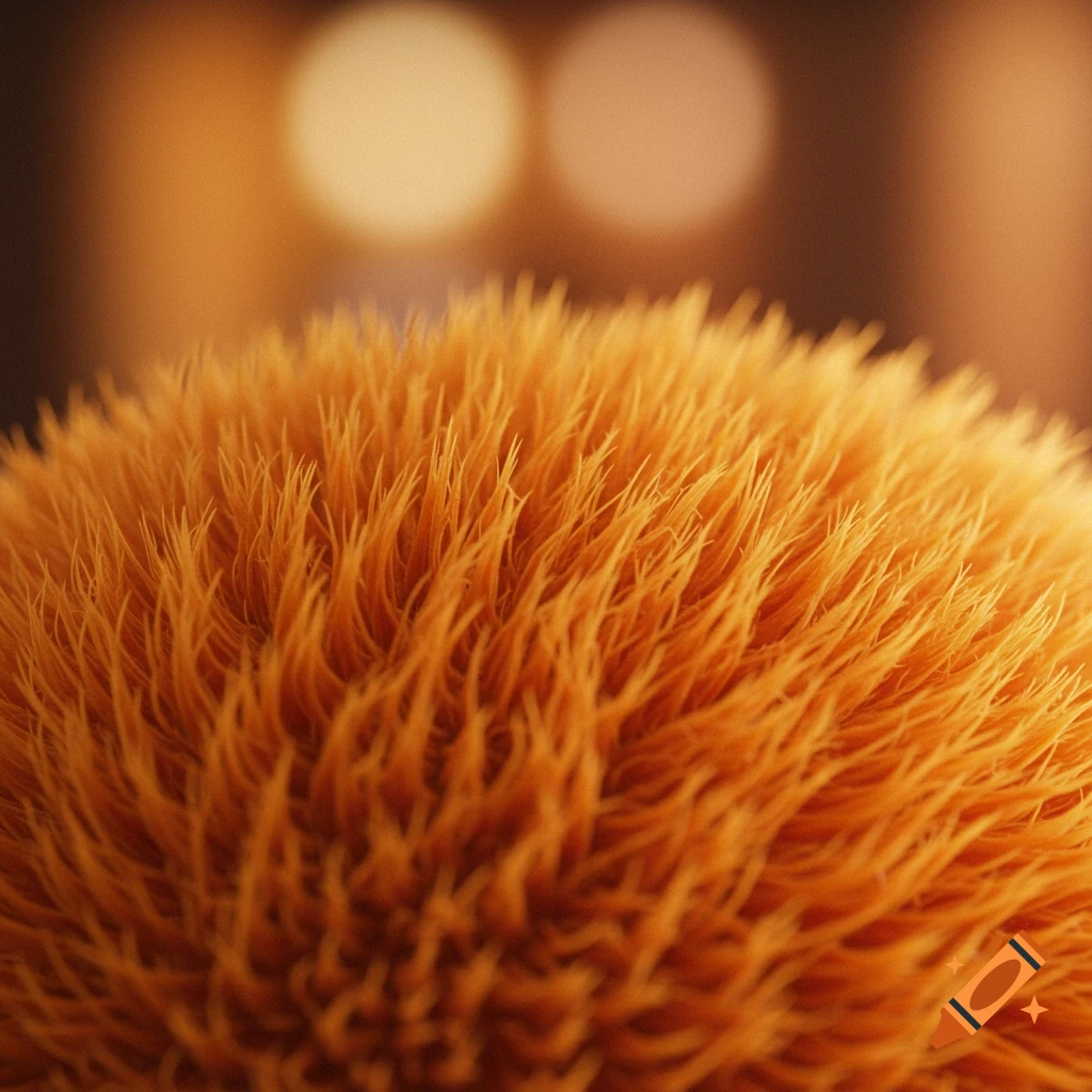 A detailed macro shot of fluffy orange fur with a blurred background.