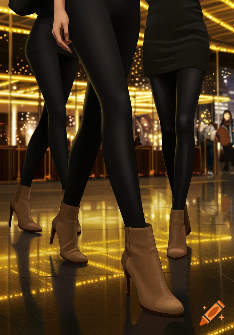 Three women wearing black leggings and brown high-heeled boots walk across a reflective floor with yellow lights in an urban setting.