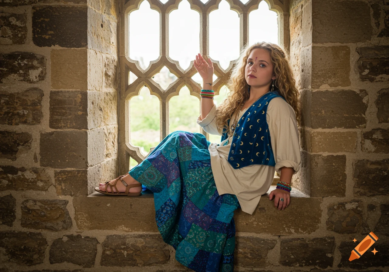 A young woman with curly blonde hair, wearing a cream shirt, blue velvet vest, and patchwork skirt, sits in a stone window.