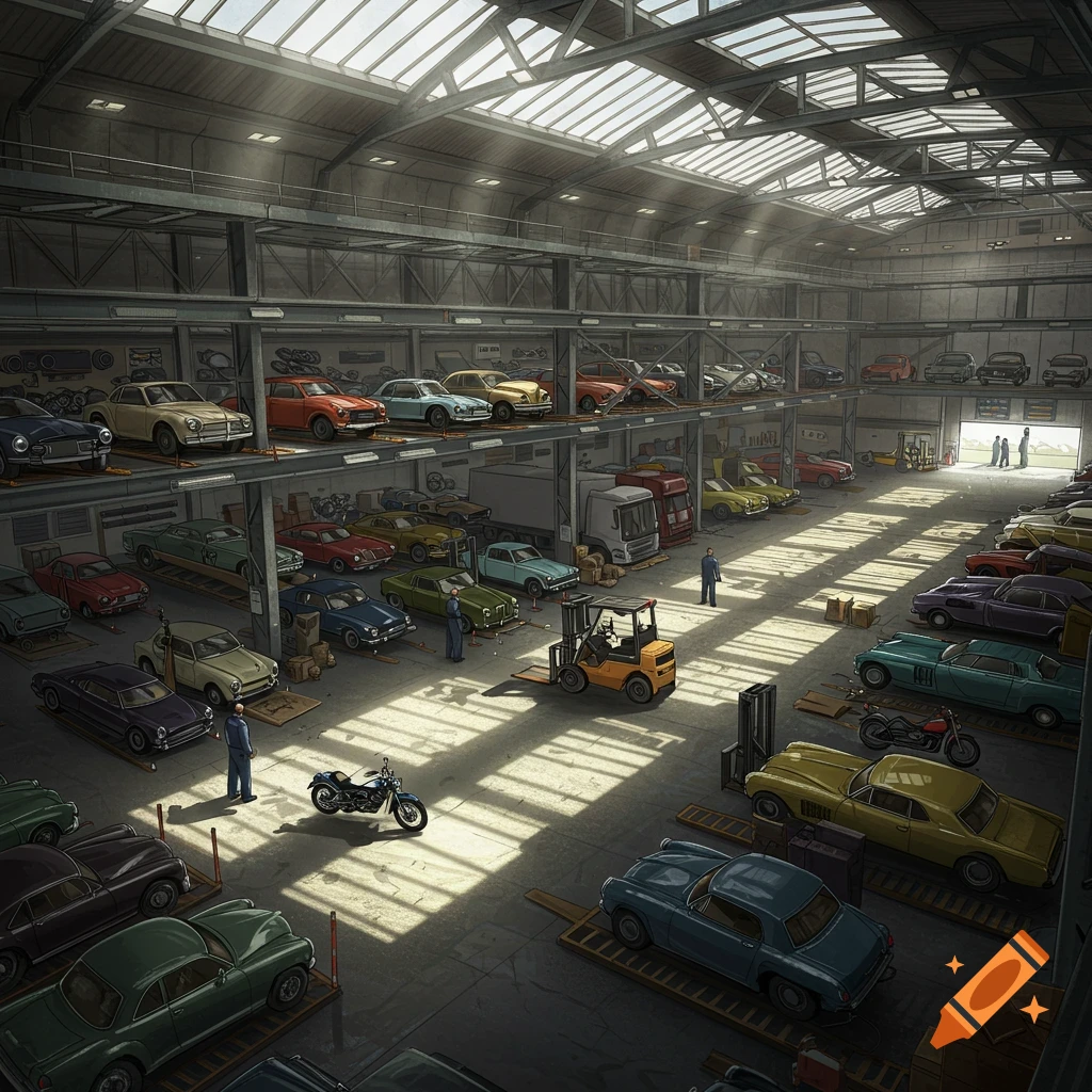 Realistic top-down view of a large vehicle warehouse filled with classic cars, trucks, forklifts, and people, lit by skylights.