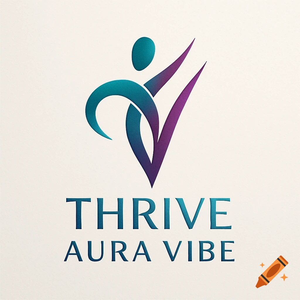 Abstract logo with a teal and purple gradient human figure and a checkmark shape above the text "THRIVE AURA VIBE" on a light background.
